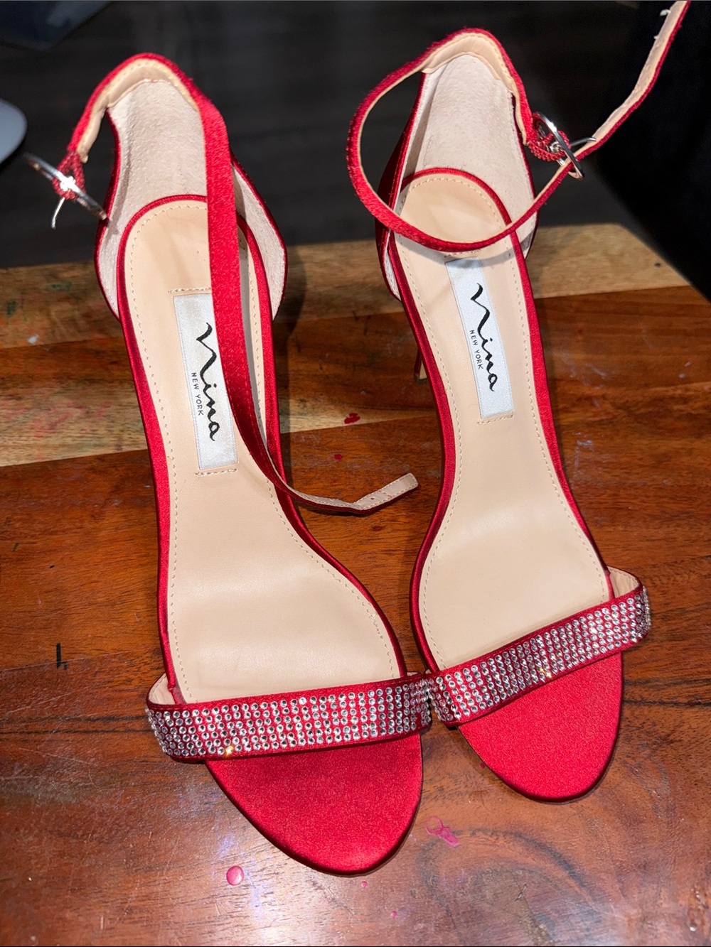 Nina Red Rhinestone Open-Toe Ankle-Strap Heels